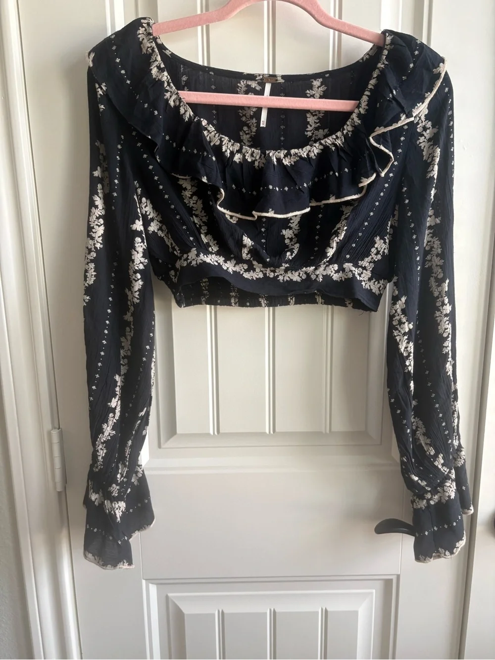 Free People Black Floral Ruffle Crop Top